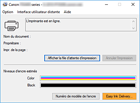 figure&nbsp;: Écran d'état d'imprimante Canon IJ