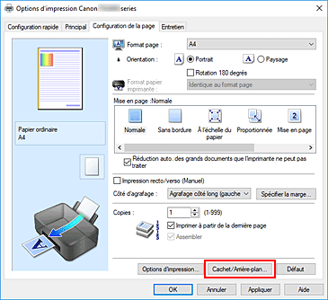 figure&nbsp;: Cachet/Arrière-plan... dans l'onglet Configuration de la page