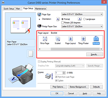 фигура: Избор на „Booklet” за „Page Layout” в раздела „Page Setup”