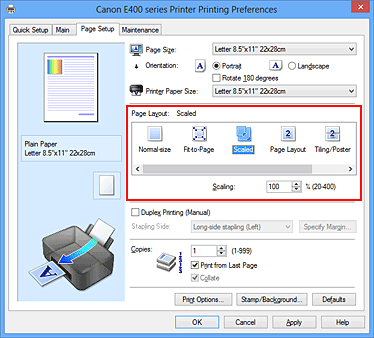 фигура: Избиране на „Scaled” за „Page Layout” в раздела „Page Setup”