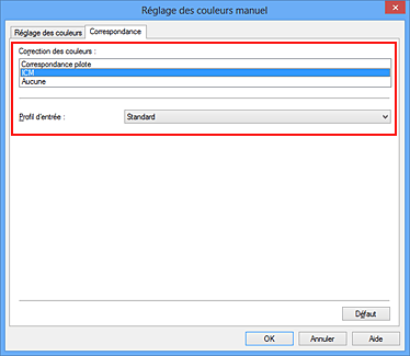 figure : Sélectionnez ICM pour Correction des couleurs dans la boîte de dialogue Réglage des couleurs manuel.