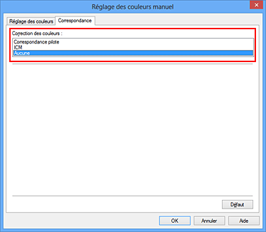 figure : Sélectionnez Aucune pour Correction des couleurs dans la boîte de dialogue Réglage des couleurs manuel.