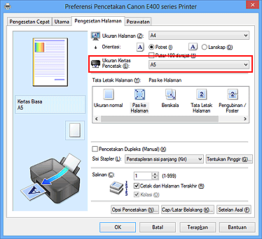 gambar: Ukuran Kertas Pencetak pada tab Pengesetan Halaman