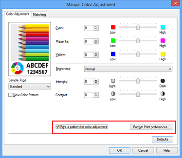 figure:Select Print a pattern for color adjustment on the Color Adjustment tab