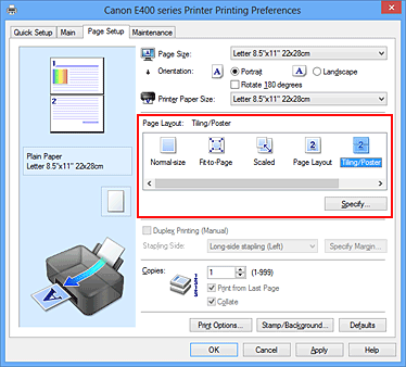 figura:Selectaţi Tiling/Poster pentru Page Layout din fila Page Setup