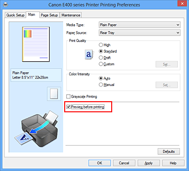 slika: potrditveno polje Preview before printing na kartici Main