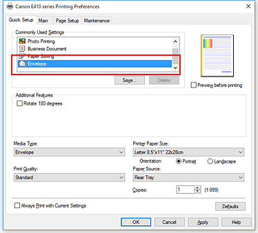 фигура: Избор на &bdquo;Envelope&rdquo; от &bdquo;Commonly Used Settings&rdquo; в раздела &bdquo;Quick Setup&rdquo;