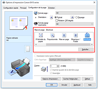 figure&nbsp;: Sélectionnez Brochure comme Mise en page dans l'onglet Configuration de la page.