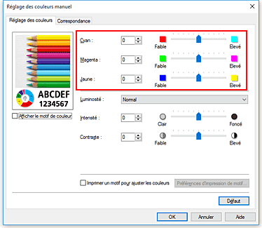 figure&nbsp;: Équilibre des couleurs dans la boîte de dialogue Réglage des couleurs manuel