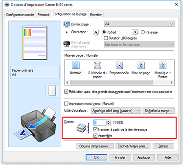 figure&nbsp;: Copies dans l'onglet Configuration de la page