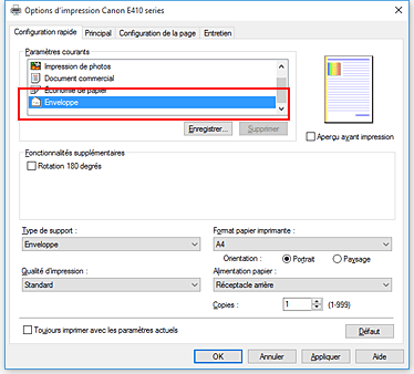 figure&nbsp;: Sélectionnez Enveloppe dans Paramètres courants dans l'onglet Configuration rapide.