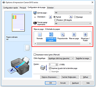 figure&nbsp;: Sélectionnez À l'échelle du papier comme Mise en page dans l'onglet Configuration de la page.