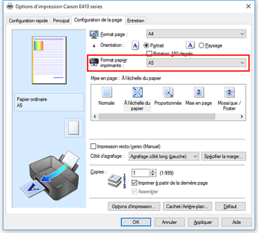 figure&nbsp;: Format papier imprimante dans l'onglet Configuration de la page