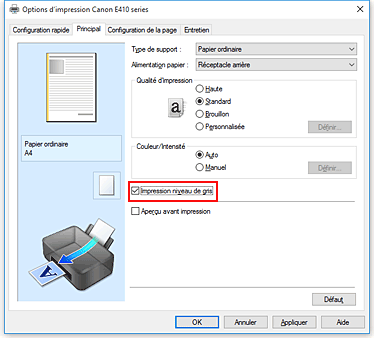 figure&nbsp;: Case à cocher Impression niveau de gris dans l'onglet Principal