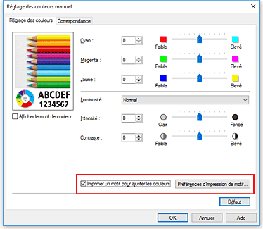 figure&nbsp;: Sélectionnez Imprimer un motif pour ajuster les couleurs dans l'onglet Réglage des couleurs.