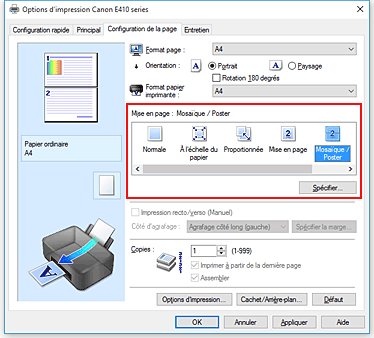figure&nbsp;: Sélectionnez Mosaïque/Poster comme Mise en page dans l'onglet Configuration de la page.