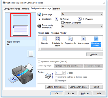 figure&nbsp;: Affichage de l'aperçu des paramètres dans l'onglet Configuration de la page