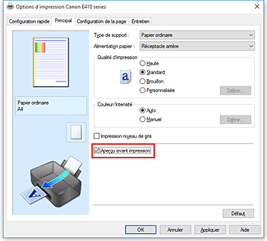 figure&nbsp;: Case à cocher Aperçu avant impression dans l'onglet Principal