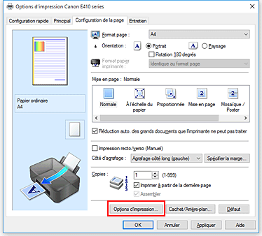 figure&nbsp;: Options d'impression... dans l'onglet Configuration de la page