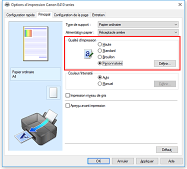 figure&nbsp;: Dans l'onglet Principal, sélectionnez Personnalisée pour Qualité d'impression