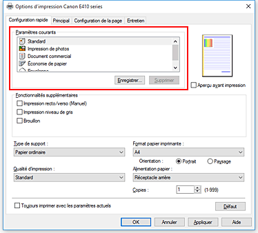 figure&nbsp;: Paramètres courants dans l'onglet Configuration rapide
