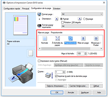figure&nbsp;: Sélectionnez Proportionnée comme Mise en page dans l'onglet Configuration de la page.