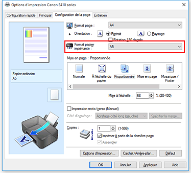 figure&nbsp;: Format papier imprimante dans l'onglet Configuration de la page