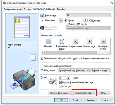 figure&nbsp;: Cachet/Arrière-plan... dans l'onglet Configuration de la page