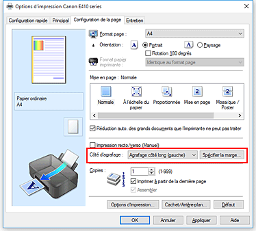 figure&nbsp;: Côté d'agrafage dans l'onglet Configuration de la page