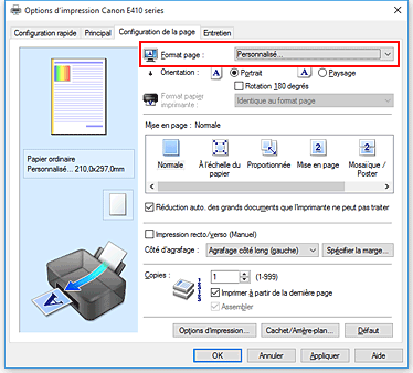 figure&nbsp;: Sélectionnez Personnalisé pour Format page dans l'onglet Configuration de la page.