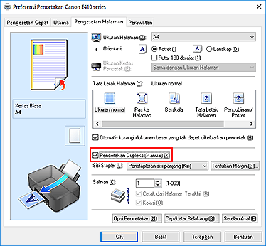 gambar: Kotak centang Pencetakan Dupleks (Manual) pada tab Pengesetan Halaman