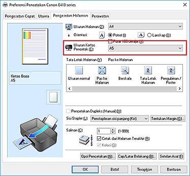 gambar: Ukuran Kertas Pencetak pada tab Pengesetan Halaman