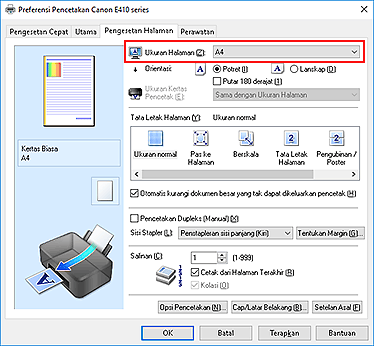gambar: Ukuran Halaman pada tab Pengesetan Halaman