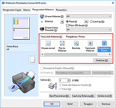 gambar: Pilih Pengubinan/Poster untuk Tata Letak Halaman pada tab Pengesetan Halaman