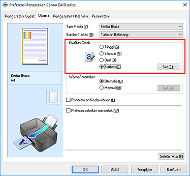 gambar: Pilih pada tab Utama, pilih Kustom untuk Kualitas Cetak
