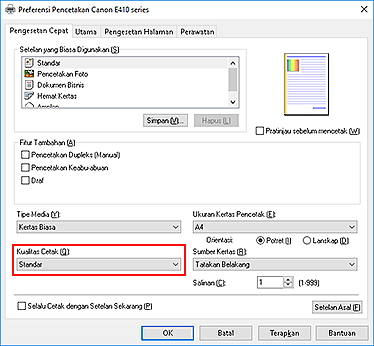 gambar: Kualitas Cetak pada tab Pengesetan Cepat