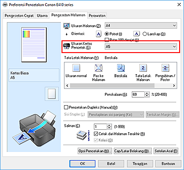gambar: Ukuran Kertas Pencetak pada tab Pengesetan Halaman