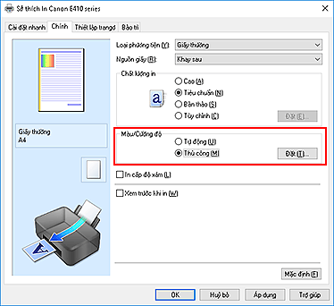 hình: Chọn Thủ công cho Màu/Cường độ trên tab Chính