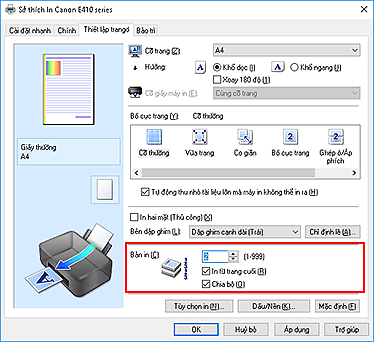 hình: Bản in trên tab Thiết lập trang