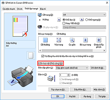 hình: Hộp kiểm In hai mặt (Thủ công) trên tab Thiết lập trang