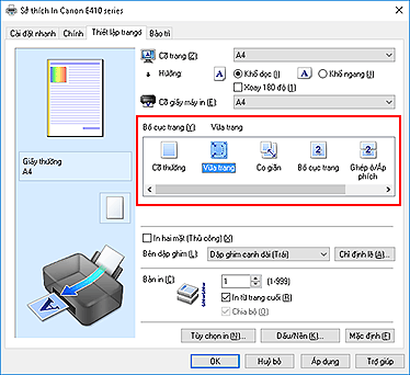 hình: Chọn Vừa trang cho Bố cục trang trên tab Thiết lập trang