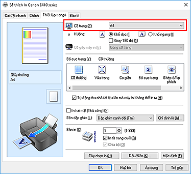 hình: Cỡ trang trên tab Thiết lập trang