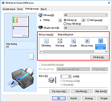 hình: Chọn Ghép ô/Áp phích cho Bố cục trang trên tab Thiết lập trang