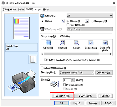 hình: Tùy chọn in... trên tab Thiết lập trang