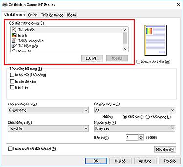 hình: Cài đặt thường dùng trên tab Cài đặt nhanh