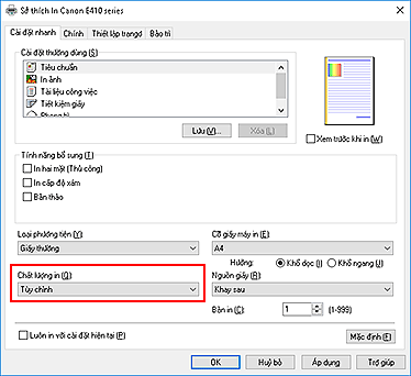 hình: Chất lượng in trên tab Cài đặt nhanh