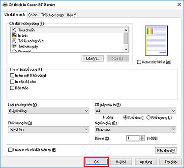 hình: OK trên tab Cài đặt nhanh
