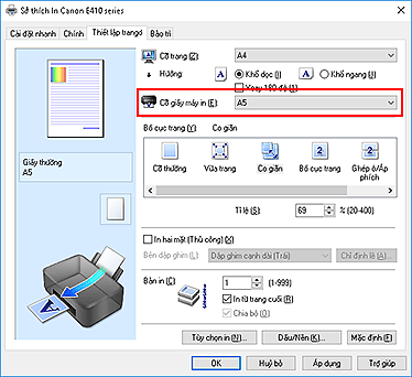 hình: Cỡ giấy máy in trên tab Thiết lập trang