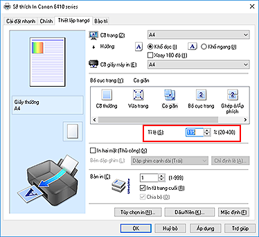hình: Tỉ lệ trên tab Thiết lập trang