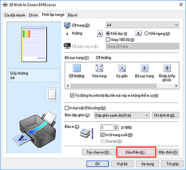 hình: Dấu/Nền... trên tab Thiết lập trang